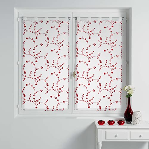 Douceur d’Intérieur. Coppia di tende dritte con passanti, 60 x 160 cm, velate, sabbiate, ricamate con piccoli fiori, colore: bianco   rosso.