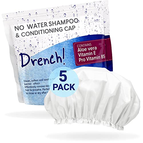 Drench Cuffia Shampoo Senza Acqua - 5 Unità - Shampoo Secco e Balsamo senza Risciacquo Facile da Usare - per Anziani e Costretti a Letto - Con Vitamina E e Provitamina B5