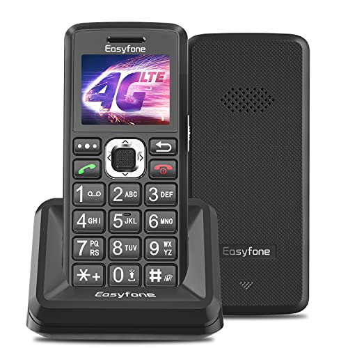 Easyfone T200 4G Telefono Cellulare per Anziani con Tasti Grandi, Pulsante di Emergenza SOS, Compatibile con Apparecchi Acustici, Torcia e Stazione di Ricarica (Nero, 4G LTE)