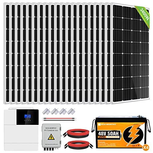 ECO-WORTHY 3400W 48V Sistema di Alimentazione Solare Kit Completo per Casa, Fattoria, 20 Pannelli Solari da 170W + Inverter di Carica 5000W +4 pcs 48v 50Ah LiFePO4 Batteries