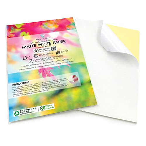 EVG Home & Office Supplies 50 Fogli di Carta autoadesiva di qualità, Formato A4, Colore Bianco Opaco, per Stampa di Etichette