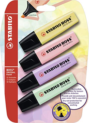 Evidenziatore - STABILO BOSS ORIGINAL Pastel - Pack da 4 - Giallo Banana Rosa Antico Glicine Verde Menta