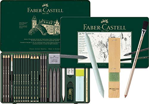Faber-Castell Pitt Graphite Set di matite in custodia metallica, grande, 26 + 3 pezzi, inclusi matita da cancellare con pennello, raschietto per carta e blocco per affilare le mine