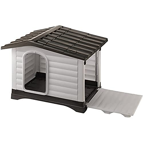 Ferplast Dogvilla 70 - Cuccia da esterno per cani, In resistente resina termoplastica, Pannelli laterali apribili, Grigio, 73 x 59 x 53 cm