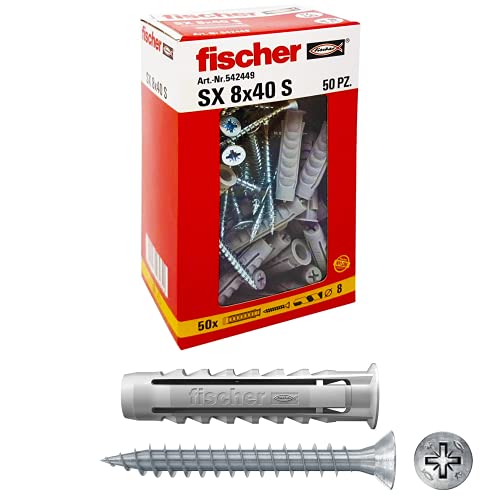 Fischer 50 Tasselli SX con vite, 8 x 40 mm, per Muro pieno e Matton...