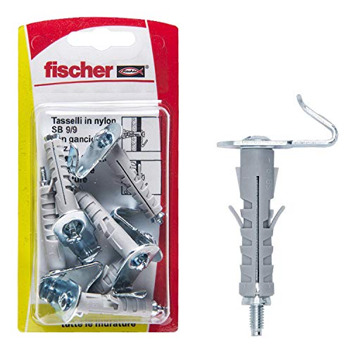 Fischer 6 Tasselli SB 9 con Gancio Piatto, Universali per il Fissaggio di Lampade, Specchi, Mobili su Muro e Cemento, 504449, grigio