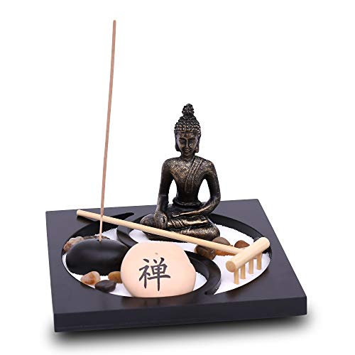 Flanacom Giardino Zen con Buddha - Giardino Giapponese in Miniatura - Portaincenso Feng Shui - Set Esoterico con 3 Bastoni di Incenso - Portafortuna Buddhismo e Taoismo (Yin Yang)