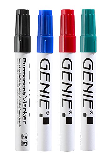 Genie - evidenziatore permanente (colori assortiti, con 1 – 5 mm punta a scalpello, contenuto: 1 nero, blu, rosso e verde), Confezione da 4.