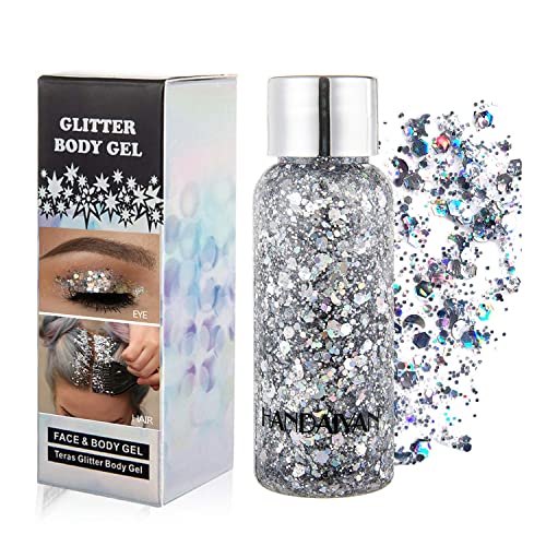 GL-Turelifes - Glitter Body Gel, con lustrini, per festival, prodotto cosmetico per viso, capelli, unghie; trucco di lunga durata, sfavillante, 30 g (#1 Argento)