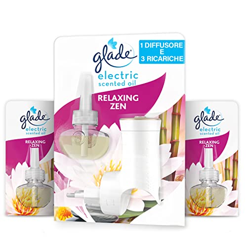 Glade Liquido Elettrico, Profumatore per Ambienti con Olii Essenziali, Fragranza Relaxing Zen, Confezione da 1 Diffusore e 3 Ricariche