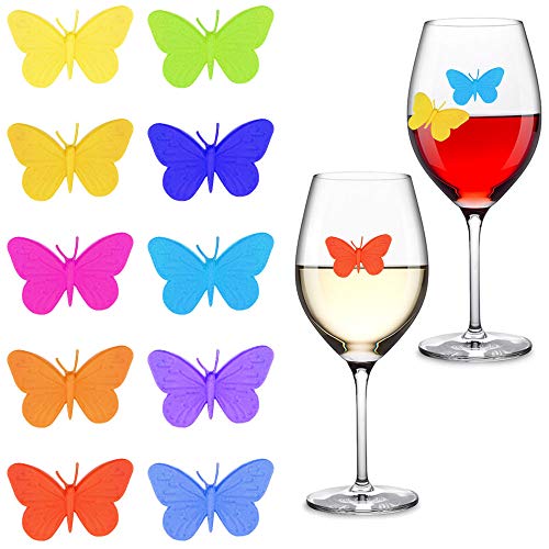 Gresunny 10 pezzi segnabicchieri silicone marcatori per bicchieri di vino per feste segnabicchier farfalla con ventosa identificativi per vetri riutilizzabili marcatori per vino tazza per bar party