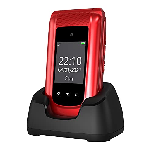 GSM Telefono Cellulare per Anziani,Tasti Grandi,Volume alto,Funzione SOS,Pantalla 2.4,Base di ricarica e fotocamera(Rosso)(con 1 * batteria 1000mAh)