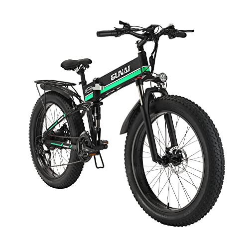 GUNAI Bici elettrica 26 Pollici Pieghevole Fat Tire Snow Bike 21 velocità Mountain E-Bike con Sedile Posteriore （Verde）