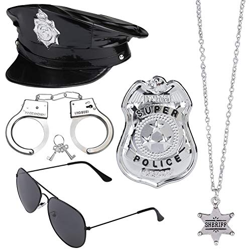 Haichen Police Set di accessori per costumi Police Hat Manette Occhiali da sole Distintivo Manganello Halloween Poliziotto Detective Giochi di ruolo Accessori per Cop Swat Costume FBI Dress up (Nero4)