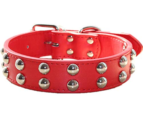 Haoyueer - Collare per cani in pelle, larghezza 3 cm, con borchie, per razze medie e grandi, Pitbull Terrier (S, rosso)