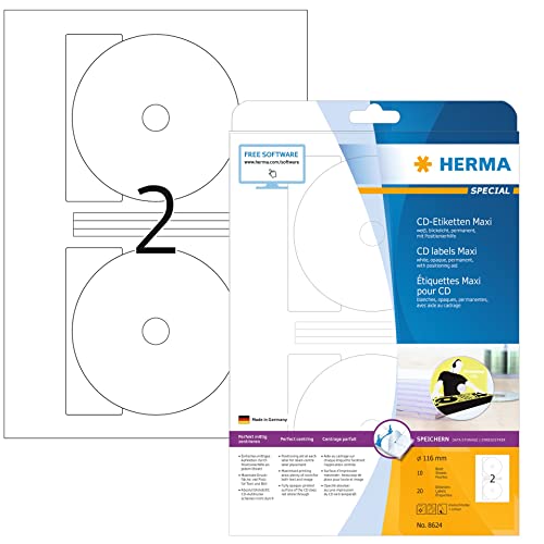 HERMA Etichette per supporti dati CD, Ø 116 mm MAXI, Etichette Adesive A4 per Stampante, 2 Etichette per Foglio, Bianco