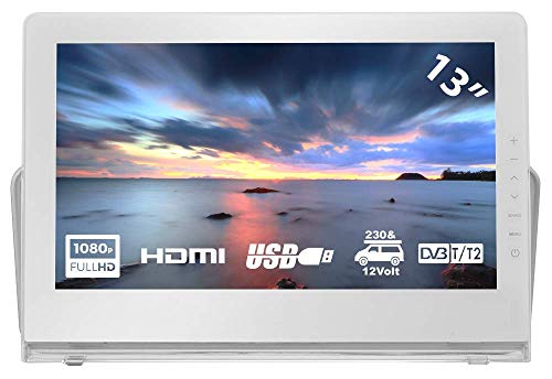 HKC P13H6 TV 13,3 pollici (TV 33cm, FHD) Caricabatteria da auto 12V, HDMI+USB, 60 Hz, lettore multimediale, batteria integrata, antenna portatile (DVB-C DVB-T2)
