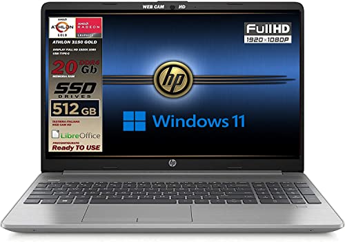 HP 255 G8 Silver Notebook Portatile, SSD M2 512GB, Display FullHD 15.6 , Amd A9 Gold 3150U fino a 3,3 GHz, RAM 20GB DDR4, Libre Office, Wi-fi, 3 usb, webcam HD, Win11 Pro, Pronto All uso, Gar. ITA