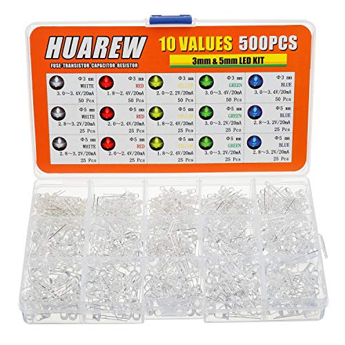 HUAREW 10 valori 500 pezzi LED diodi emettitori di luce 3mm 5mm con bianco, rosso, giallo, verde, blu 5 colori kit di classificazione