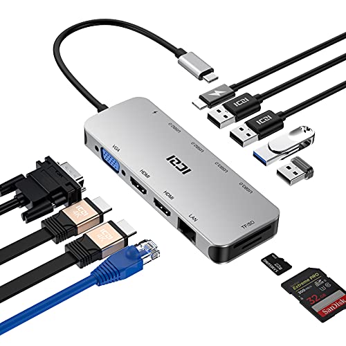 ICZI Hub USB C, 11 in 1 Adattatore Tipo c (Thunderbolt 3) con Doppio HDMI, VGA, 4 Porte USB, PD 100 W, Ethernet, Scheda Micro SD TF per MacBook Pro Air, ipad, Surface, Xps