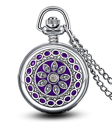 Infinite U Orologio da tasca al quarzo con smalto a fiori viola con numeri arabi argento