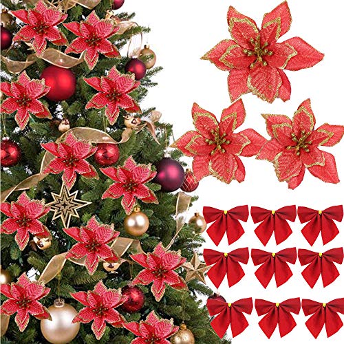 jenich (48 PCS) 24 Fiori Artificiali Natale Fiori Finti per Alberi di Natale con Glitter Fiori di Stelle Natalizie Poinsettia Glitterate Rosso 24 Fiocchi Archi di Decoracioni Ornamenti Addobbi Natale