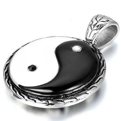 JewelryWe - Collana da uomo vintage Yin Yang con ciondolo in acciaio INOX anni  90, protezione della fortuna, con catena da 55,9 cm