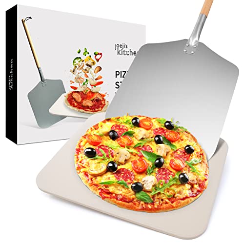 Joejis Pietra refrattaria per Forno con Pala per Pizza 30cm x 38cm Pietra per Pizza & Pala in Alluminio per Pizza, Anche per cuocere Pane