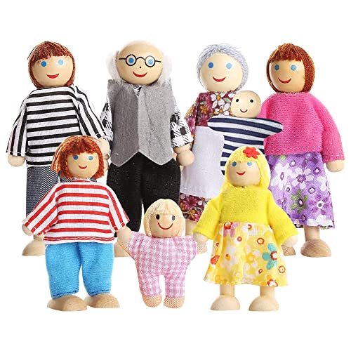 Jooheli Bambole Famiglia, Set di 8 Famiglia di Bambole di Legno, Casa Delle Bambole Persone Famiglia, Felice Famiglia di Bambole di Legno Regalo Giocattolo per bambini