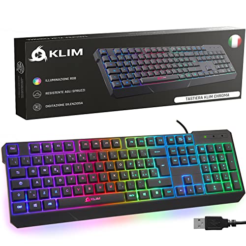KLIM Chroma Tastiera ITALIANA per Gaming USB - Nuova Versione 2022 - Colori da Videogioco e Retroilluminata - Tastiera da Gioco - Tastiera per Videogame, PC PS4 PS5 Windows, Mac