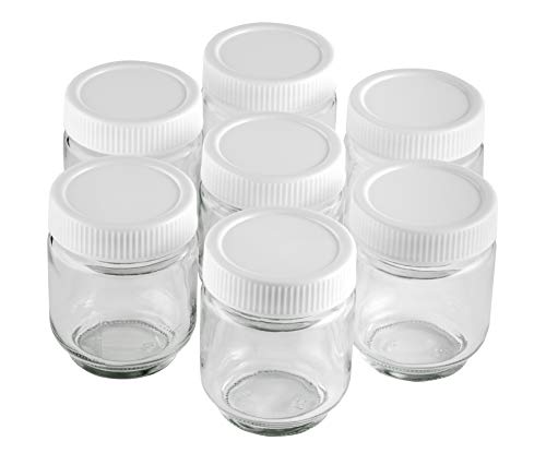 Lacor - Bicchieri yogurtiera 7 pezzi, barattolo in vetro trasparente con coperchio bianco a vite per yogurt, capacità 190 ml, senza BPA