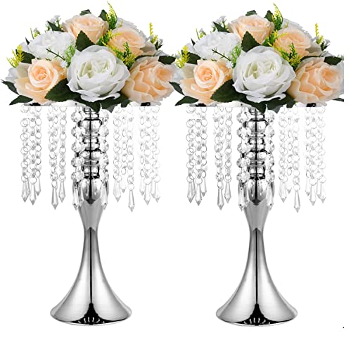 LANLONG - Portacandele in cristallo imitazione acrilico per vaso di fiori oro argento, centrotavola per matrimonio e decorazione eventi (argento, 33cm)