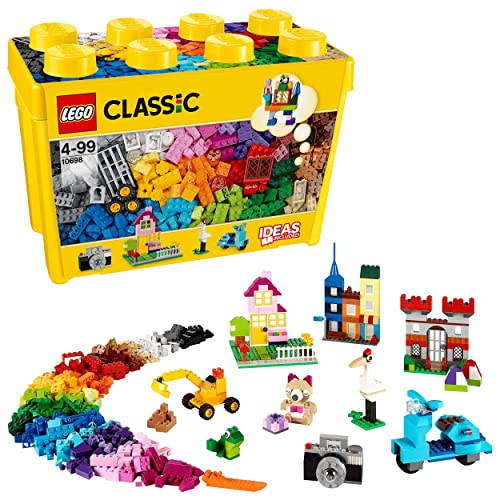 LEGO Classic Scatola Mattoncini Creativi Grande, Contenitore con Idee Creative per Costruire Macchina Fotografica, Vespa e Una Ruspa Giocattolo, 10698