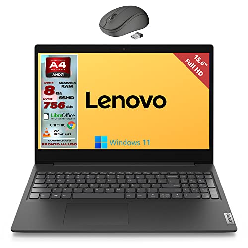 Lenovo, Pc portatile notebook, Display FHD da 15,6 , cpu A3020e, ram 8Gb, sshd 756Gb, windows 11 pro, computer portatile pronto all uso + mouse wireless