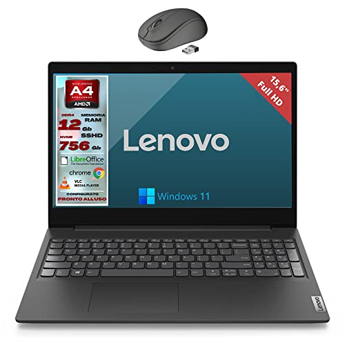 Lenovo, Pc portatile notebook, Display FHD da 15,6 , cpu A3020e, ram 12Gb, sshd 756Gb, windows 11 pro, computer portatile pronto all uso + mouse wireless