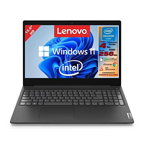 Lenovo, Pc portatile notebook, Display Full HD da 15,6 , cpu Intel N4020, ram 4Gb, ssd m2 256Gb, windows 10 pro, computer portatile pronto all uso
