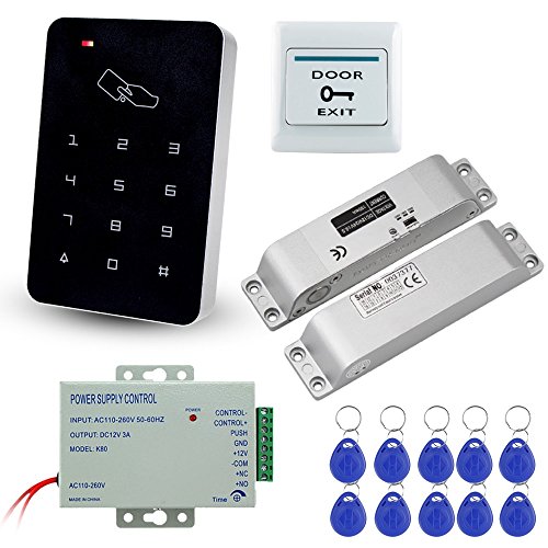 LIBO Kit Completo di Tastiera di Controllo Accessi RFID con Serratura Elettrica DC12V Serratura Elettronica Bullone, 3A Alimentatore, Pulsante di Uscita, Schede chiave ID 10 pz