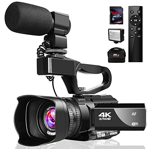 Lincom, Videocamera 4K con microfono 48MP 60FPS WiFi YouTube Videocamera 30X Digital Zoom Video Camcorder con luce LED e stabilizzatore manuale, Nero