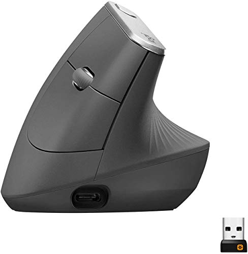 Logitech MX Mouse Verticale Wireless Ergonomico, Multi-Dispositivo, Bluetooth o 2.4 GHz Ricevitore USB Unifying, Rilevamento Ottico Avanzato 4000 DPI, 4 Pulsanti, Ricarica Rapida, PC Mac iPadOS, Nero