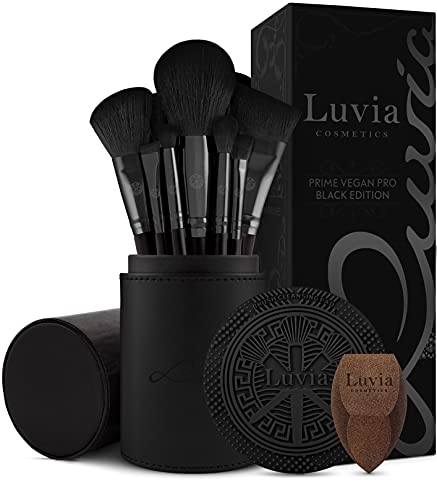 Luvia Cosmetics, Prime Vegan Pro - Set di 12 pennelli da trucco con contenitore per pennelli, spugna e tappetino per la pulizia per pennelli da trucco, colore: nero e oro rosa