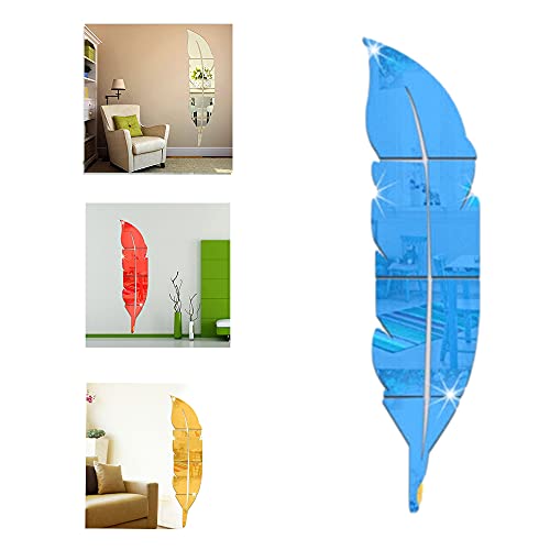 Magico s Specchio adesivo da parete removibile, realizzato in acrilico a forma di piuma, per donare alla tua casa un tocco artistico e moderno alla tua casa - colore blu - d: 30x120