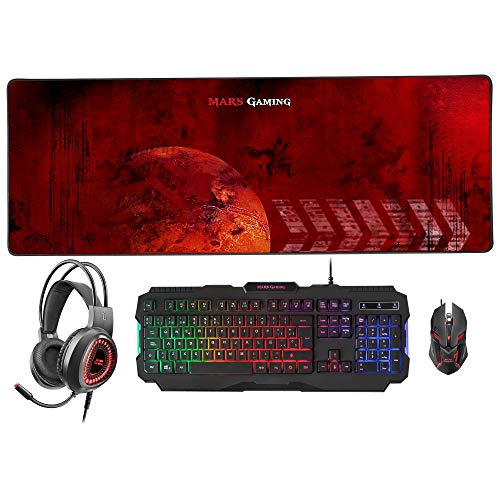 Mars gaming MCPRGB2ES, Set Tastiera e Mouse Gaming + Tappetino Mouse + Cuffie, ES