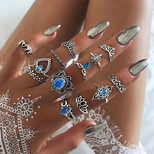 Mayelia Set di 13 anelli in argento con cristalli, stile bohémien, per donne e ragazze, con anelli in argento