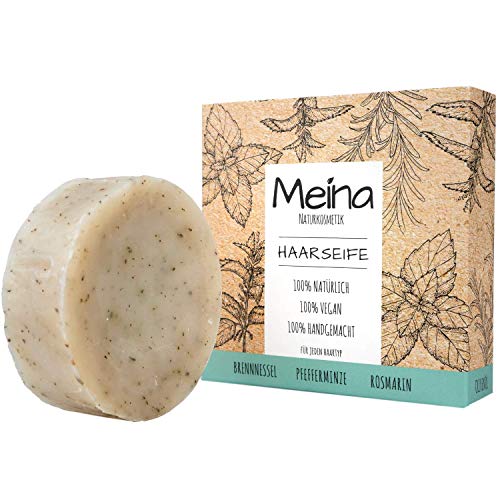 Meina – Shampoo per capelli in saponetta, alla menta e ortica (1 x 85 g), shampoo vegano, bio, per uomini e donne, senza silicone, solfati e parabeni. Cosmetico naturale