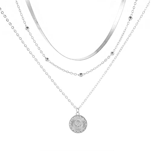 MenYiYDS Collana a strati, gioielli in perline stile Boho Ciondolo moneta d argento per donne ragazze (argento)
