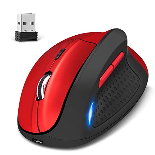 Mouse Verticale Wireless   Con Cavo IDESION Mouse Ergonomico Wireless 2.4G 4800 DPI 6 livelli regolabile Esecuzione Verticale Ergonomico - Previene Il Disturbo Del Tunnel Carpale 5 Tasti Nero Rosso