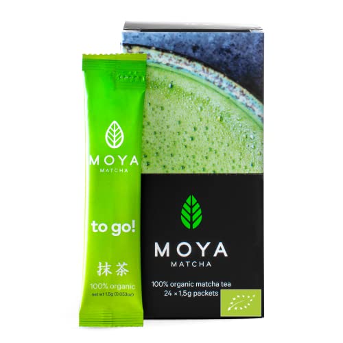 Moya Matcha To Go! Tè Verde Biologico in Polvere Organico | 24 x 1,5g Borse Tradizionale (II) Grado Pacco dal Giappone | Perfetto con Acqua, Frullati e Limonate