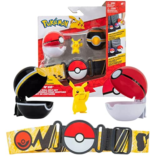 Pokemon Clip N Go Cintura Set Pikachu & Pokeball – Include 1 Personaggi da 5 cm, 1 Cintura e 2 Palline da Poker – Licenza Ufficiale Pokemon Giochi