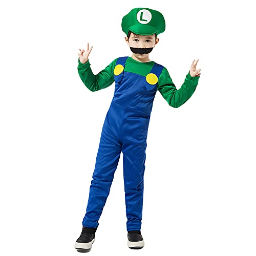 NA Super Mario Luigi Bros Costume Natale Halloween Fancy Dress Outfit Unisex Uomo Lady Ragazze Bambino Bambini Adolescenti perfetto per carnevale e cosplay(Ragazzi Verde L)