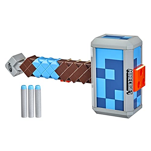 Nerf Minecraft, martello lancia-dardi Stormlander, lancia 3 dardi, include 3 dardi Nerf Elite, impugnatura di armamento a retroazione